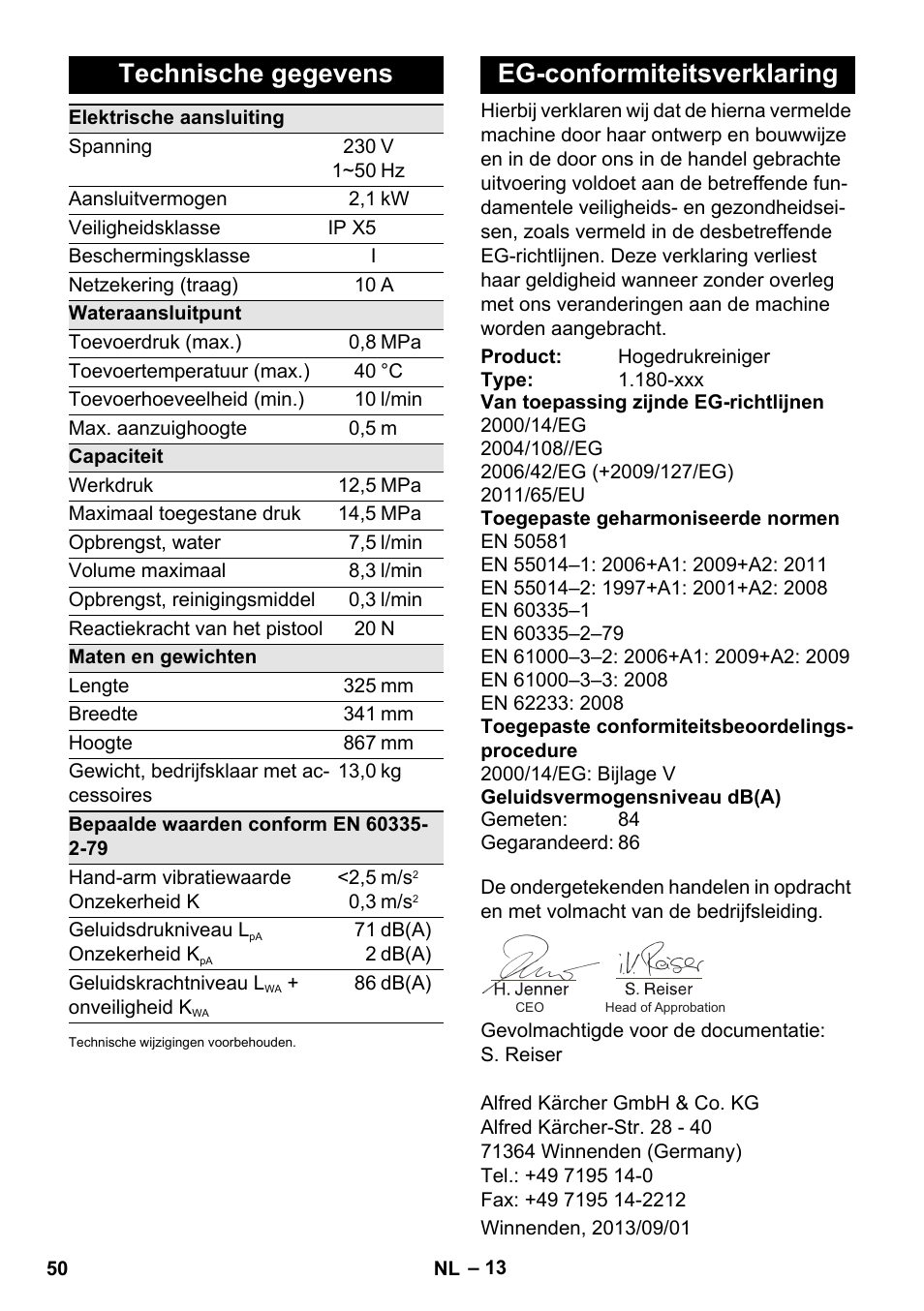 Technische gegevens, Eg-conformiteitsverklaring | Karcher K 5 Basic User Manual | Page 50 / 254