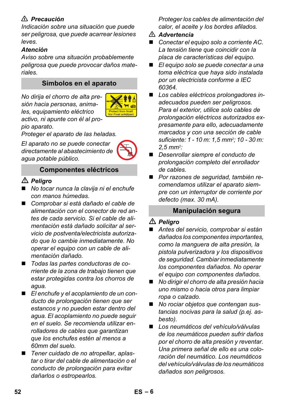 Símbolos en el aparato, Componentes eléctricos, Manipulación segura | Karcher K 5 Basic User Manual | Page 52 / 254