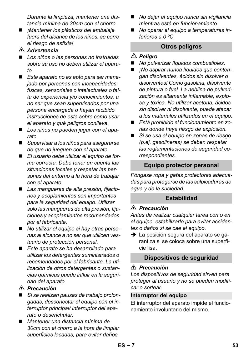 Otros peligros, Equipo protector personal, Estabilidad | Dispositivos de seguridad, Interruptor del equipo | Karcher K 5 Basic User Manual | Page 53 / 254