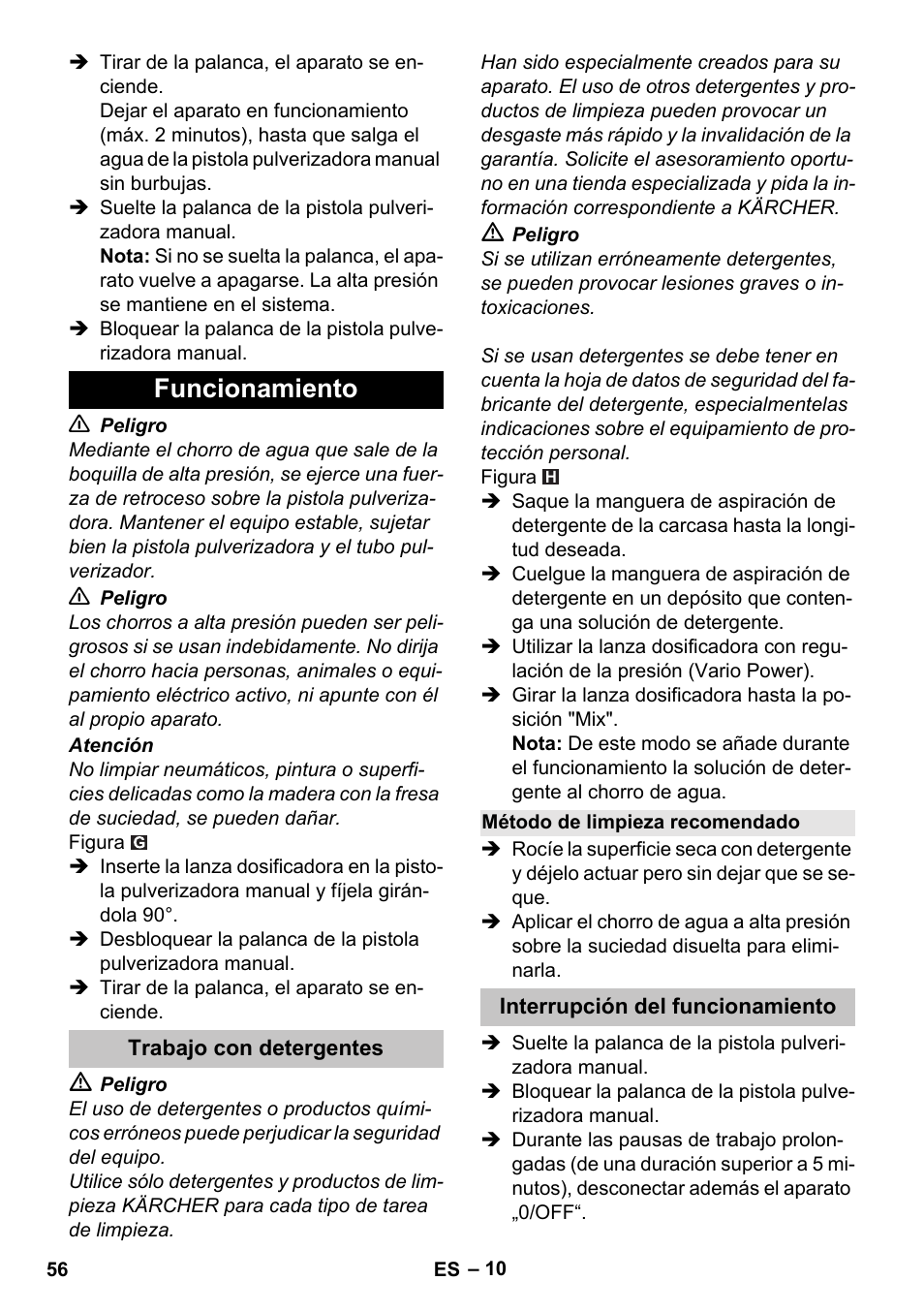 Funcionamiento, Trabajo con detergentes, Método de limpieza recomendado | Interrupción del funcionamiento | Karcher K 5 Basic User Manual | Page 56 / 254