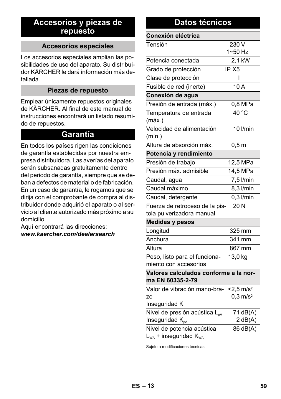 Accesorios y piezas de repuesto, Accesorios especiales, Piezas de repuesto | Garantía, Datos técnicos, Garantía datos técnicos | Karcher K 5 Basic User Manual | Page 59 / 254