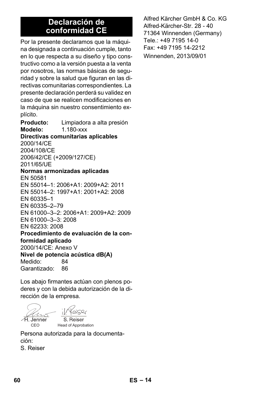 Declaración de conformidad ce | Karcher K 5 Basic User Manual | Page 60 / 254