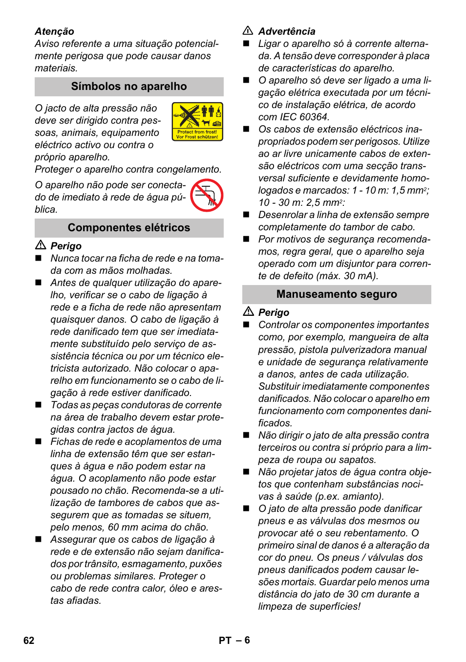 Símbolos no aparelho, Componentes elétricos, Manuseamento seguro | Karcher K 5 Basic User Manual | Page 62 / 254