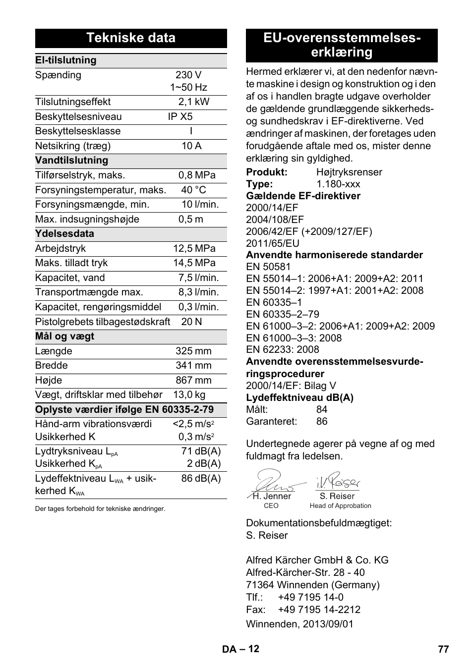 Tekniske data, Eu-overensstemmelses- erklæring | Karcher K 5 Basic User Manual | Page 77 / 254