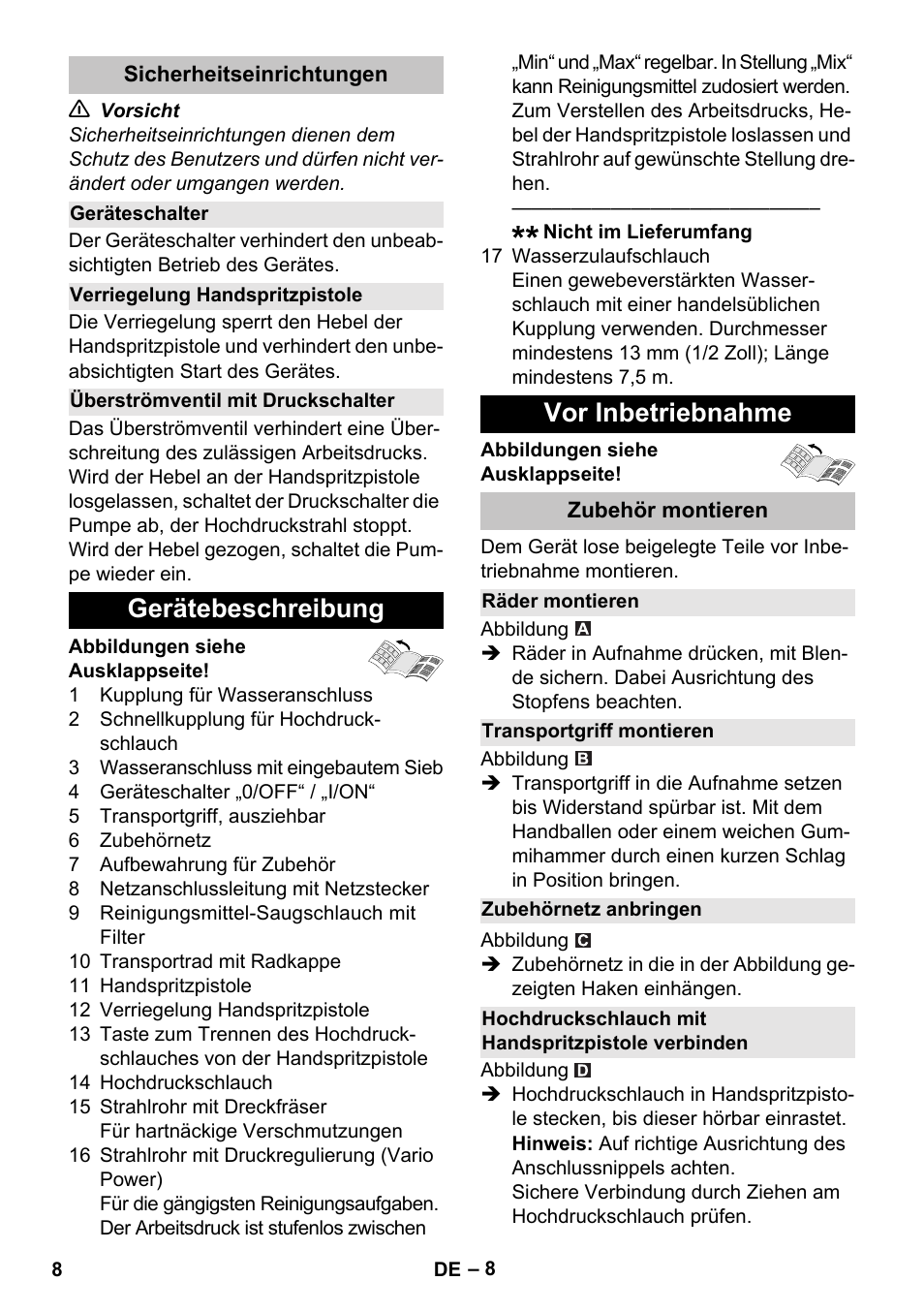Sicherheitseinrichtungen, Geräteschalter, Verriegelung handspritzpistole | Überströmventil mit druckschalter, Gerätebeschreibung, Vor inbetriebnahme, Zubehör montieren, Räder montieren, Transportgriff montieren, Zubehörnetz anbringen | Karcher K 5 Basic User Manual | Page 8 / 254