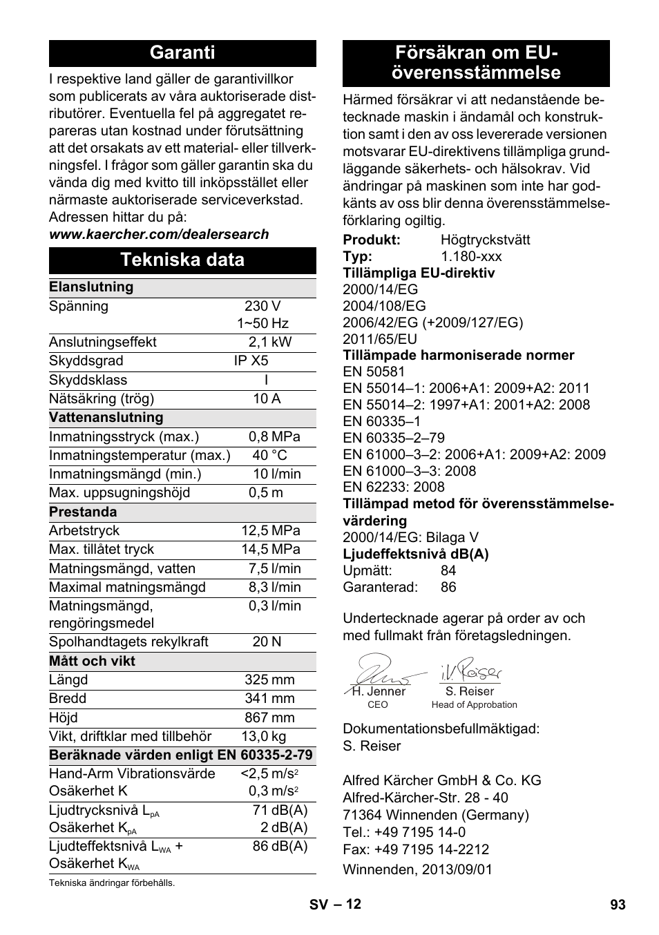 Garanti, Tekniska data, Försäkran om eu- överensstämmelse | Garanti tekniska data | Karcher K 5 Basic User Manual | Page 93 / 254