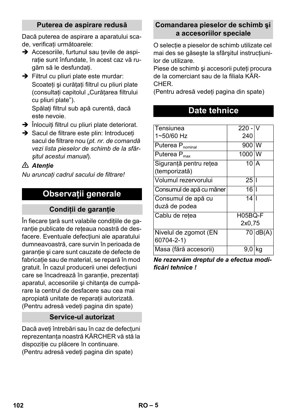 Observaţii generale, Date tehnice | Karcher WD 7-800 eco!ogic User Manual | Page 102 / 154