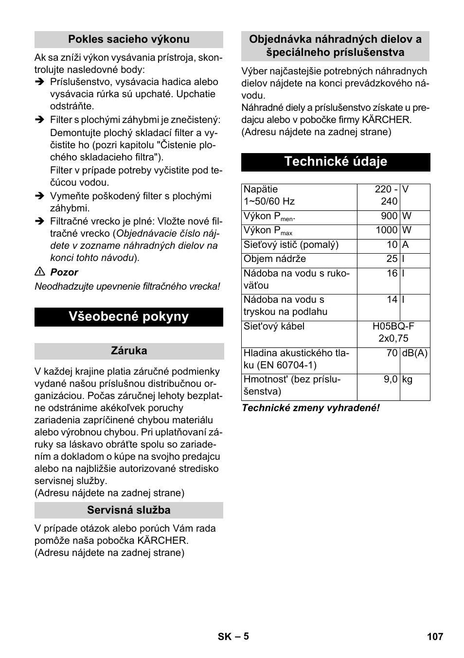 Všeobecné pokyny, Technické údaje | Karcher WD 7-800 eco!ogic User Manual | Page 107 / 154