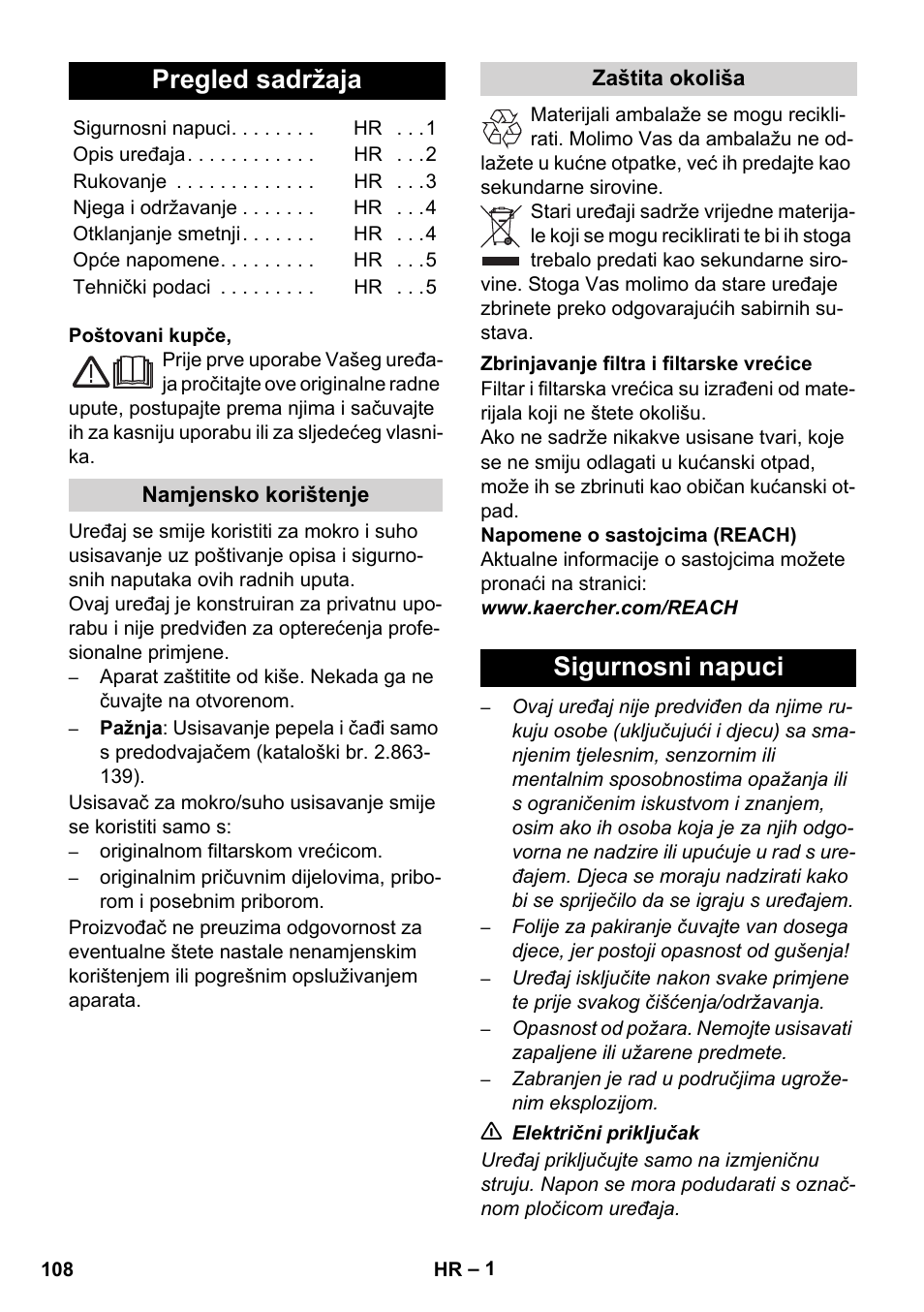 Hrvatski, Pregled sadržaja, Sigurnosni napuci | Karcher WD 7-800 eco!ogic User Manual | Page 108 / 154