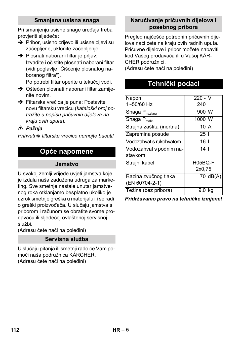 Opće napomene, Tehnički podaci | Karcher WD 7-800 eco!ogic User Manual | Page 112 / 154