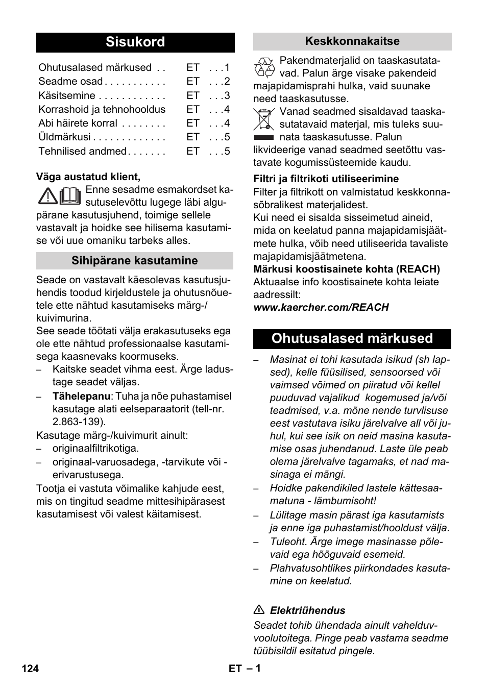 Eesti, Sisukord, Ohutusalased märkused | Karcher WD 7-800 eco!ogic User Manual | Page 124 / 154