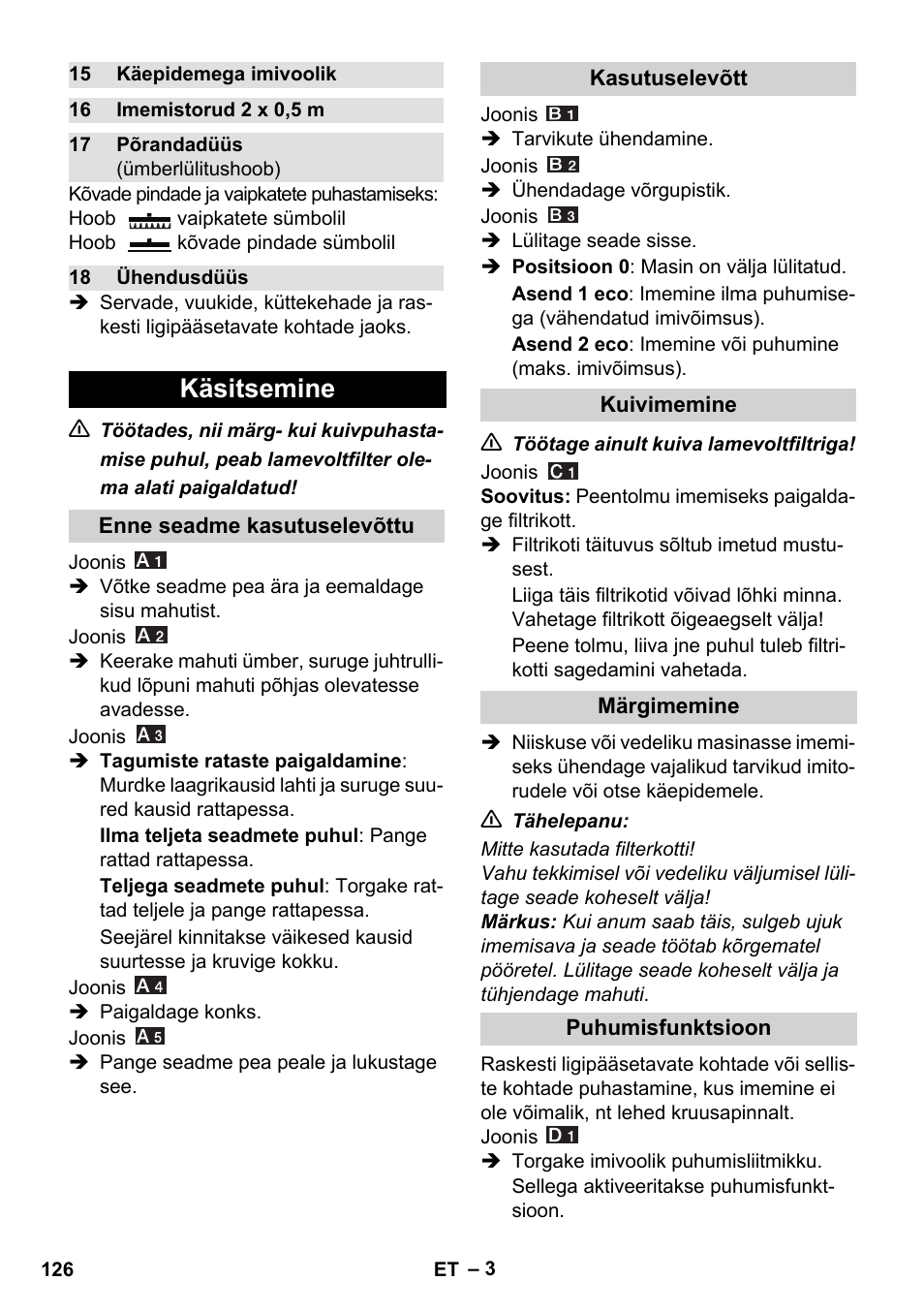 Käsitsemine | Karcher WD 7-800 eco!ogic User Manual | Page 126 / 154