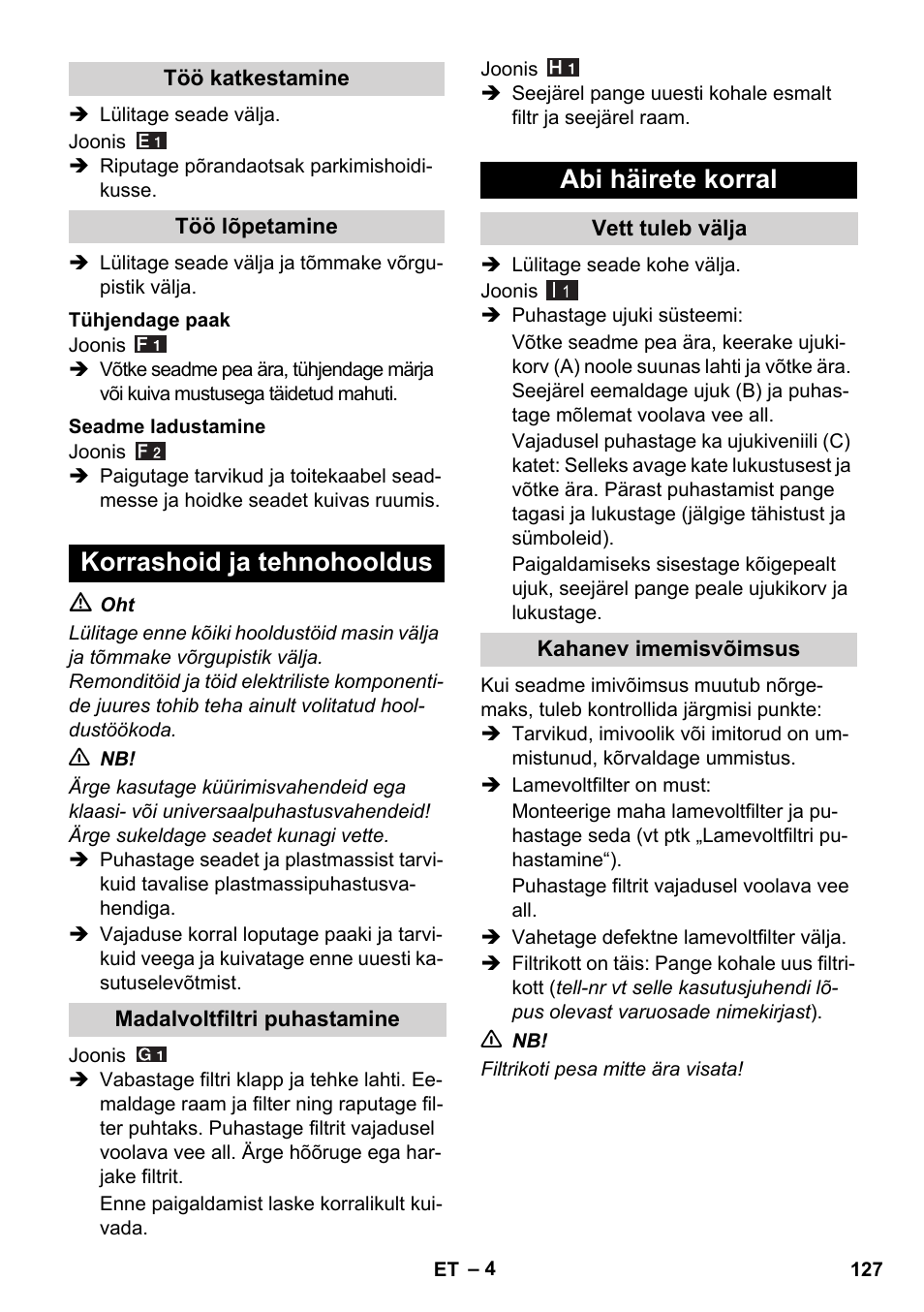 Korrashoid ja tehnohooldus, Abi häirete korral | Karcher WD 7-800 eco!ogic User Manual | Page 127 / 154