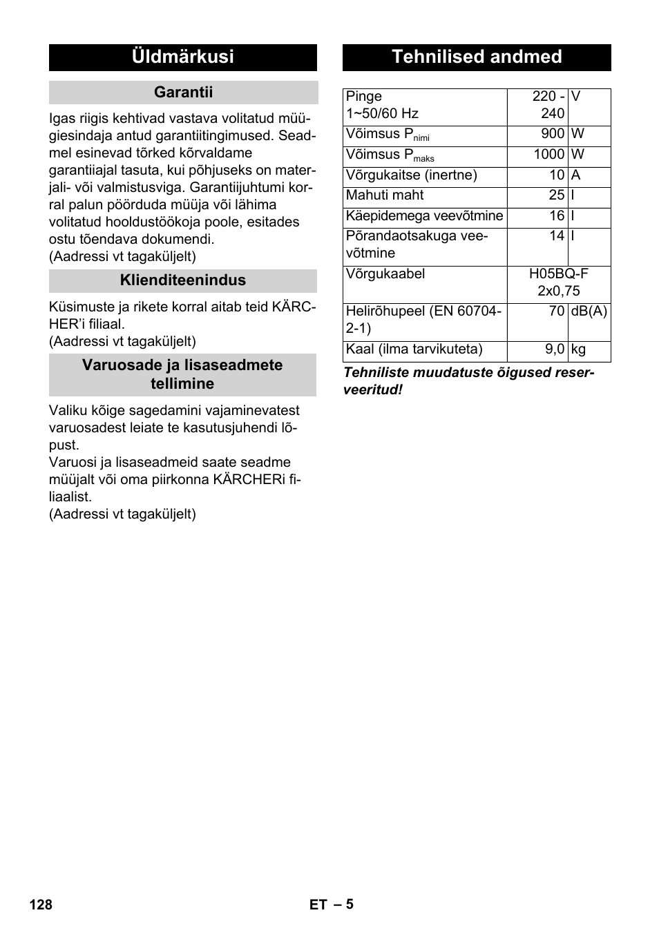 Üldmärkusi, Tehnilised andmed | Karcher WD 7-800 eco!ogic User Manual | Page 128 / 154