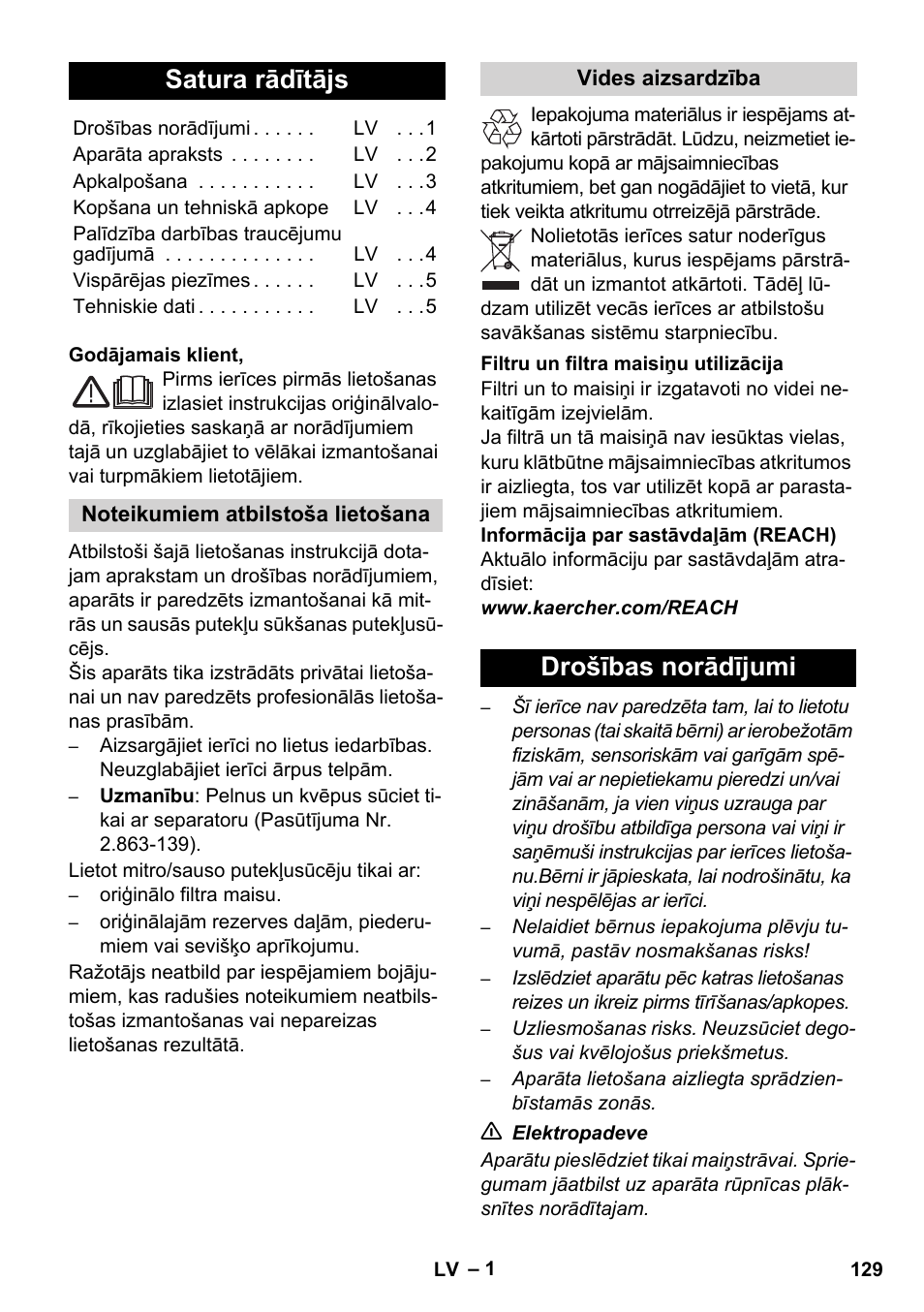 Latviešu, Satura rādītājs, Drošības norādījumi | Karcher WD 7-800 eco!ogic User Manual | Page 129 / 154