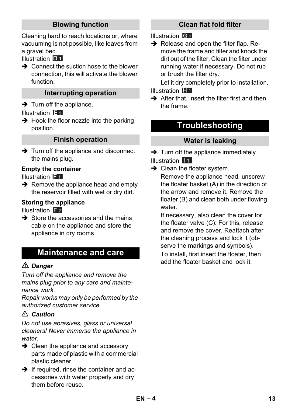 Maintenance and care, Troubleshooting | Karcher WD 7-800 eco!ogic User Manual | Page 13 / 154