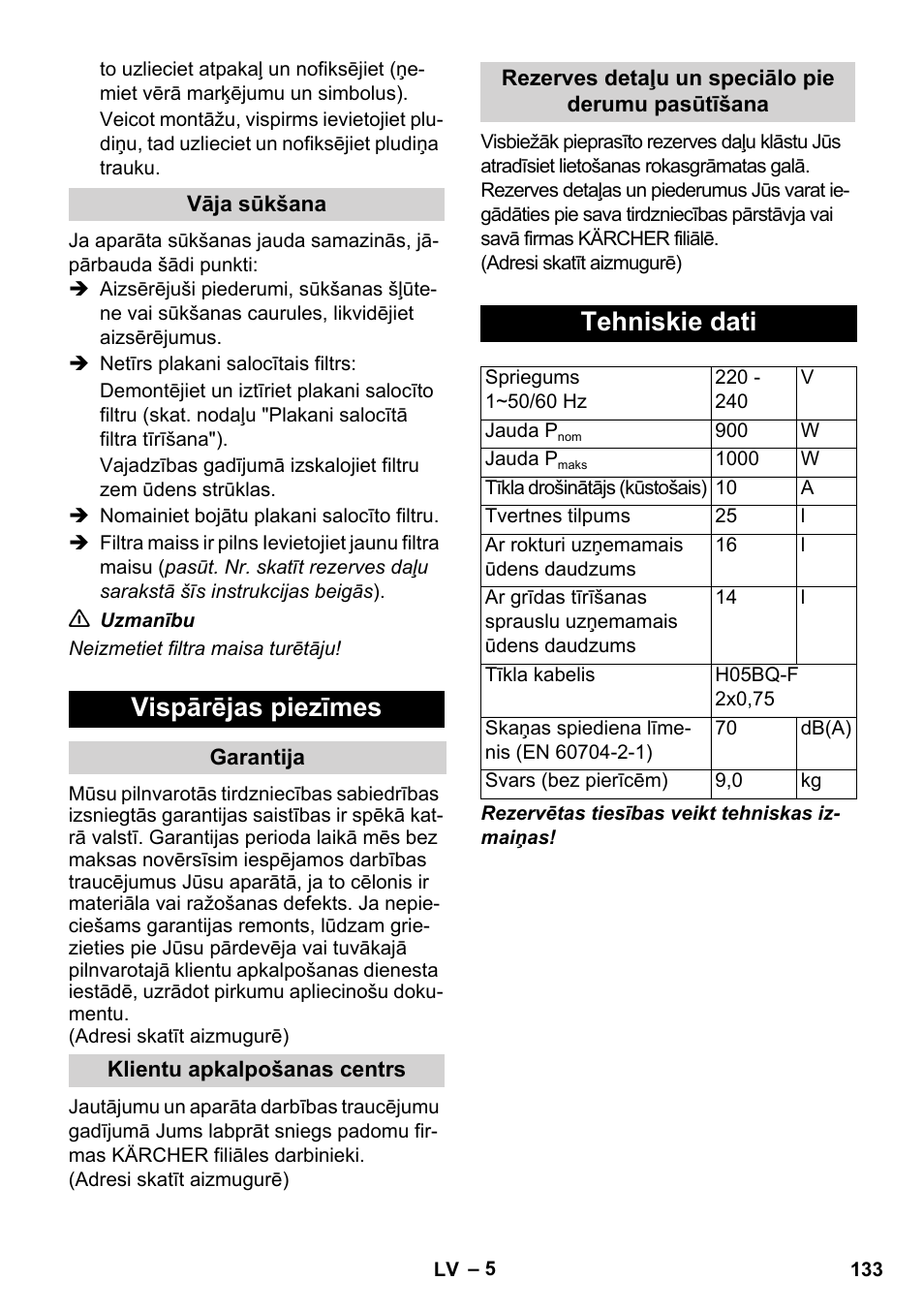 Vispārējas piezīmes, Tehniskie dati | Karcher WD 7-800 eco!ogic User Manual | Page 133 / 154