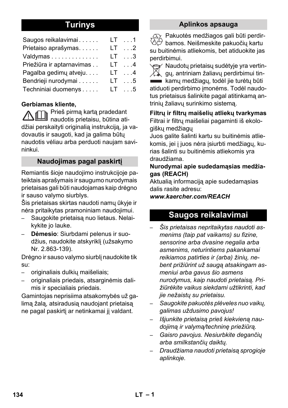 Lietuviškai, Turinys, Saugos reikalavimai | Karcher WD 7-800 eco!ogic User Manual | Page 134 / 154