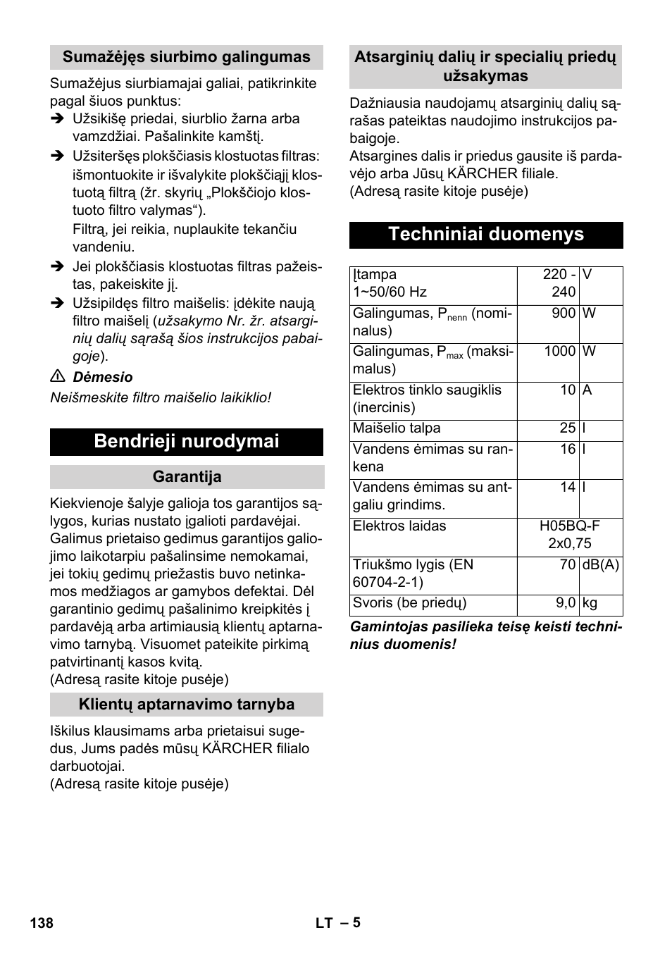 Bendrieji nurodymai, Techniniai duomenys | Karcher WD 7-800 eco!ogic User Manual | Page 138 / 154