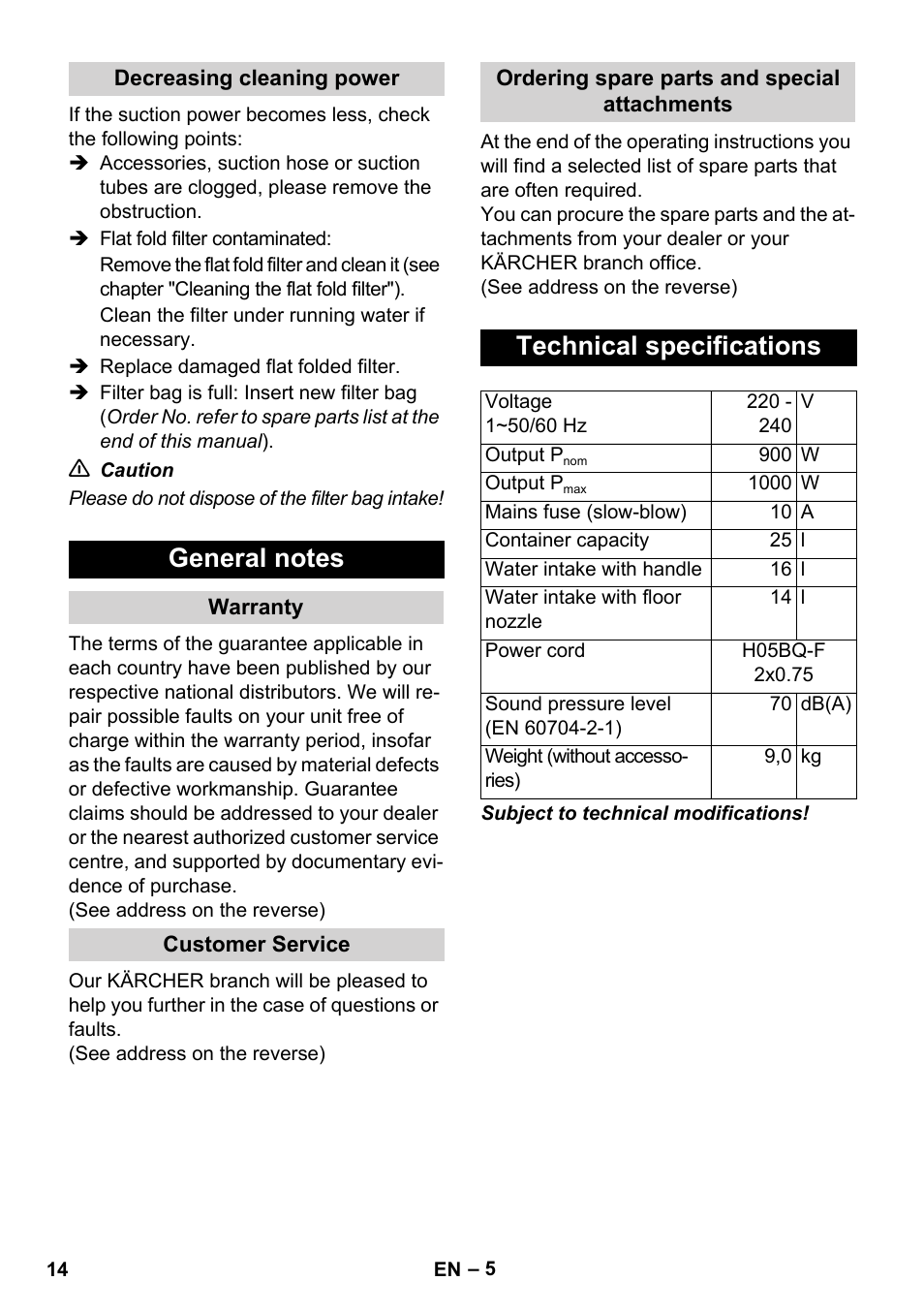 Technical specifications | Karcher WD 7-800 eco!ogic User Manual | Page 14 / 154