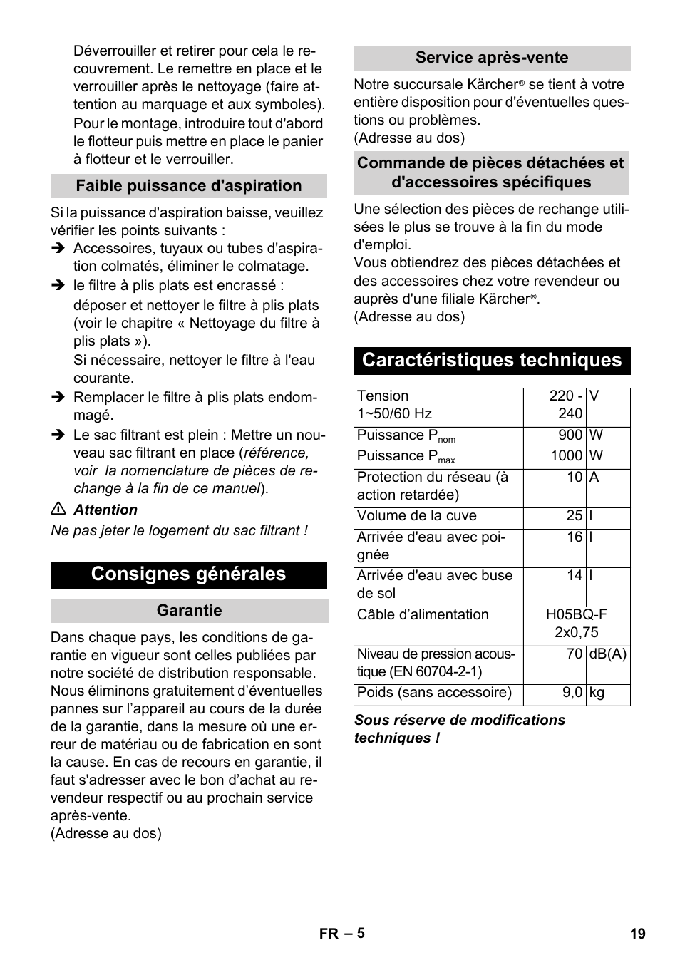 Consignes générales, Caractéristiques techniques | Karcher WD 7-800 eco!ogic User Manual | Page 19 / 154
