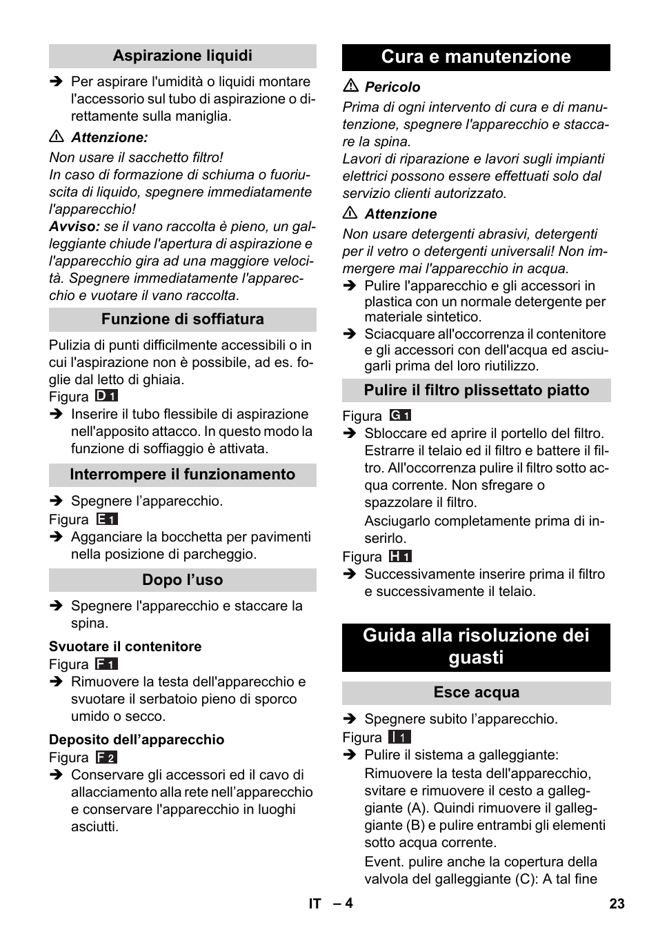 Cura e manutenzione, Guida alla risoluzione dei guasti | Karcher WD 7-800 eco!ogic User Manual | Page 23 / 154