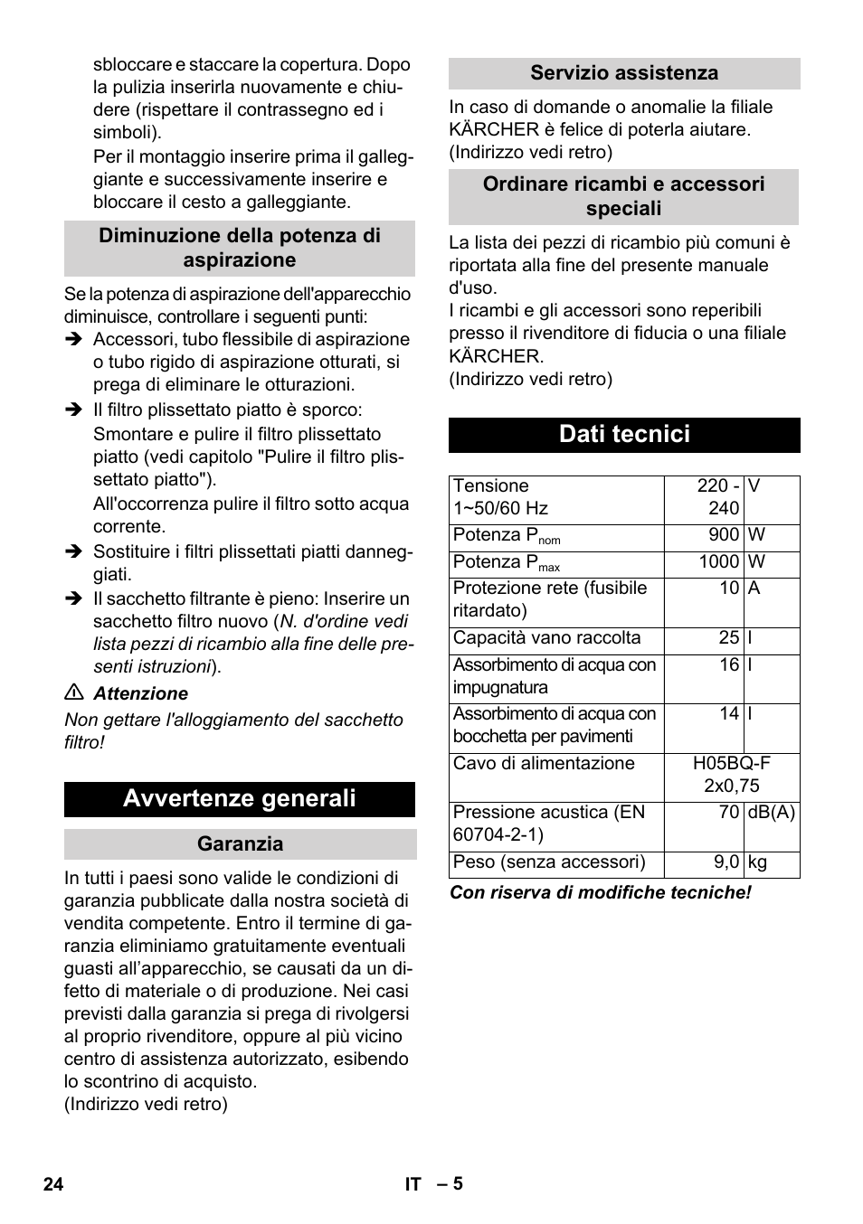 Avvertenze generali, Dati tecnici | Karcher WD 7-800 eco!ogic User Manual | Page 24 / 154