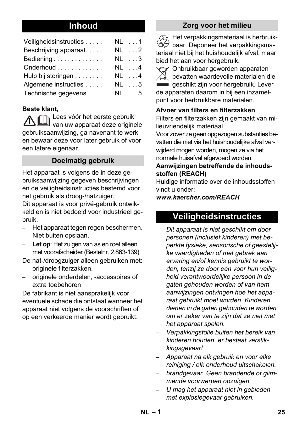 Nederlands, Inhoud, Veiligheidsinstructies | Karcher WD 7-800 eco!ogic User Manual | Page 25 / 154