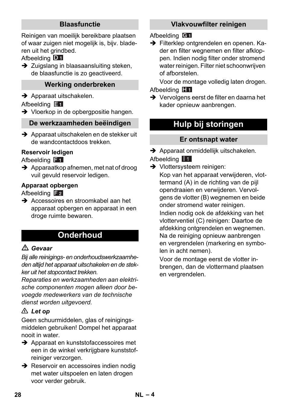 Onderhoud, Hulp bij storingen | Karcher WD 7-800 eco!ogic User Manual | Page 28 / 154