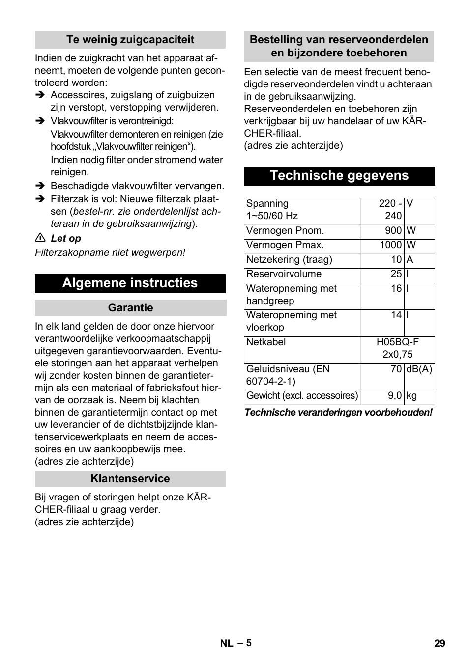 Algemene instructies, Technische gegevens | Karcher WD 7-800 eco!ogic User Manual | Page 29 / 154