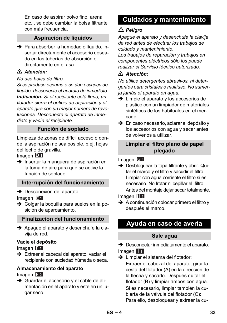 Cuidados y mantenimiento, Ayuda en caso de avería | Karcher WD 7-800 eco!ogic User Manual | Page 33 / 154