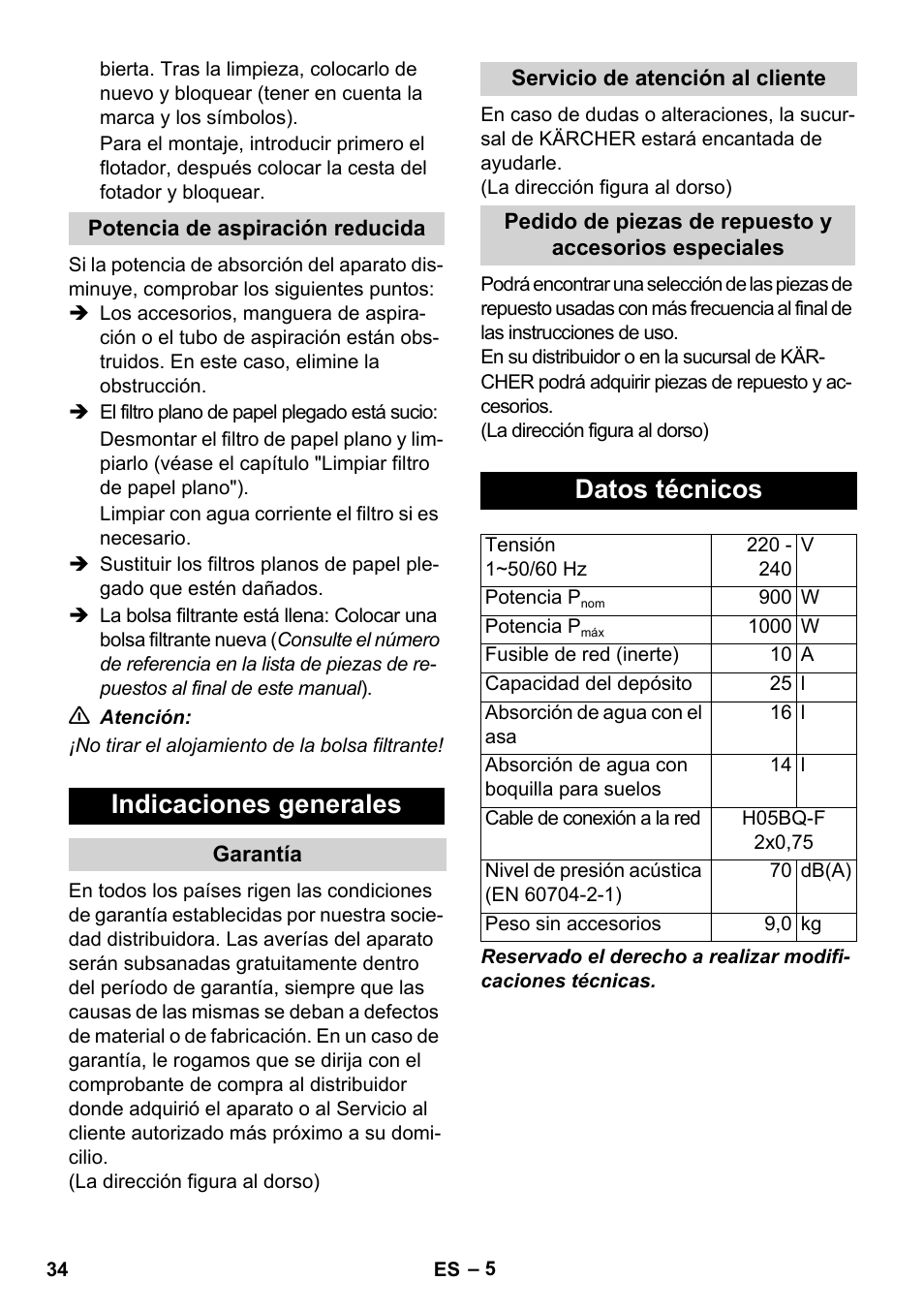 Indicaciones generales, Datos técnicos | Karcher WD 7-800 eco!ogic User Manual | Page 34 / 154