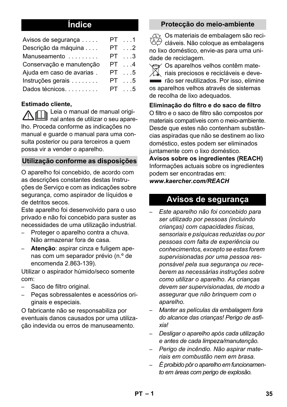 Português, Índice, Avisos de segurança | Karcher WD 7-800 eco!ogic User Manual | Page 35 / 154