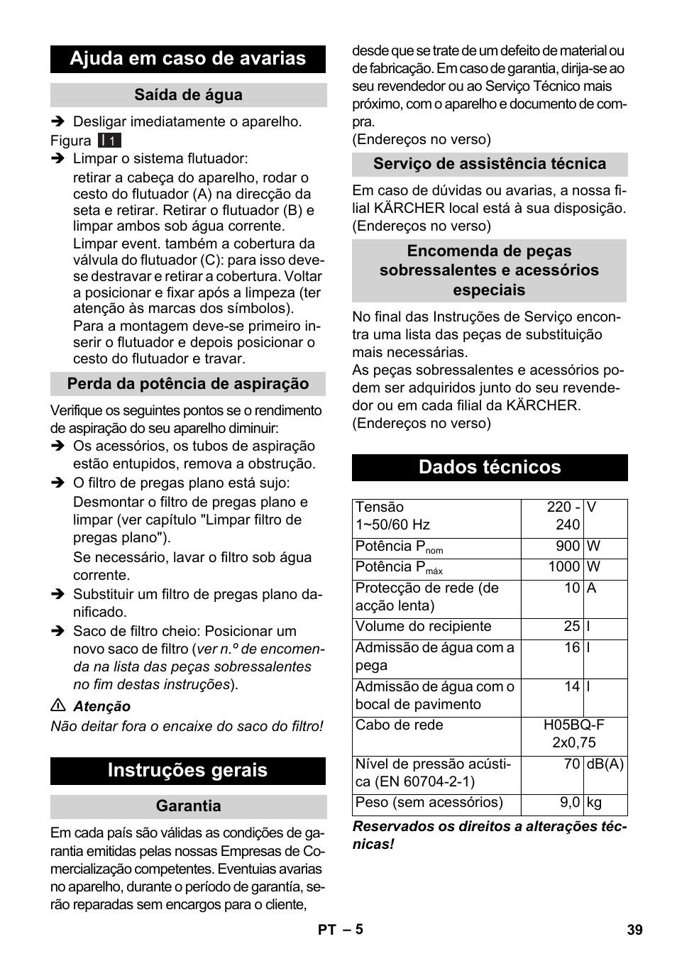 Ajuda em caso de avarias, Instruções gerais, Dados técnicos | Karcher WD 7-800 eco!ogic User Manual | Page 39 / 154
