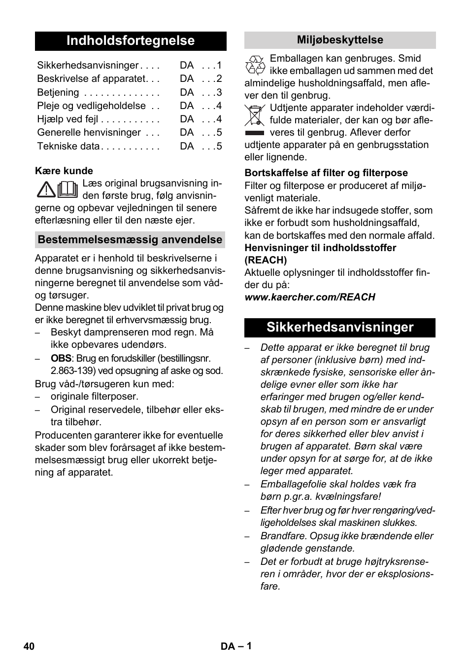 Dansk, Indholdsfortegnelse, Sikkerhedsanvisninger | Karcher WD 7-800 eco!ogic User Manual | Page 40 / 154