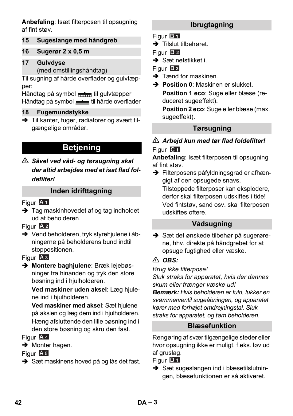 Betjening | Karcher WD 7-800 eco!ogic User Manual | Page 42 / 154