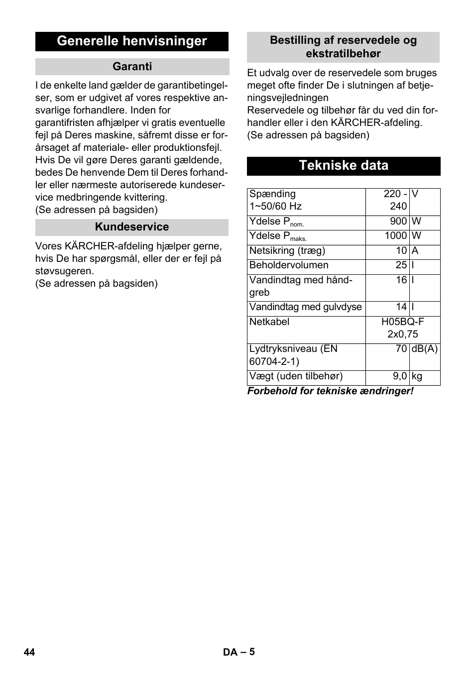 Generelle henvisninger, Tekniske data | Karcher WD 7-800 eco!ogic User Manual | Page 44 / 154