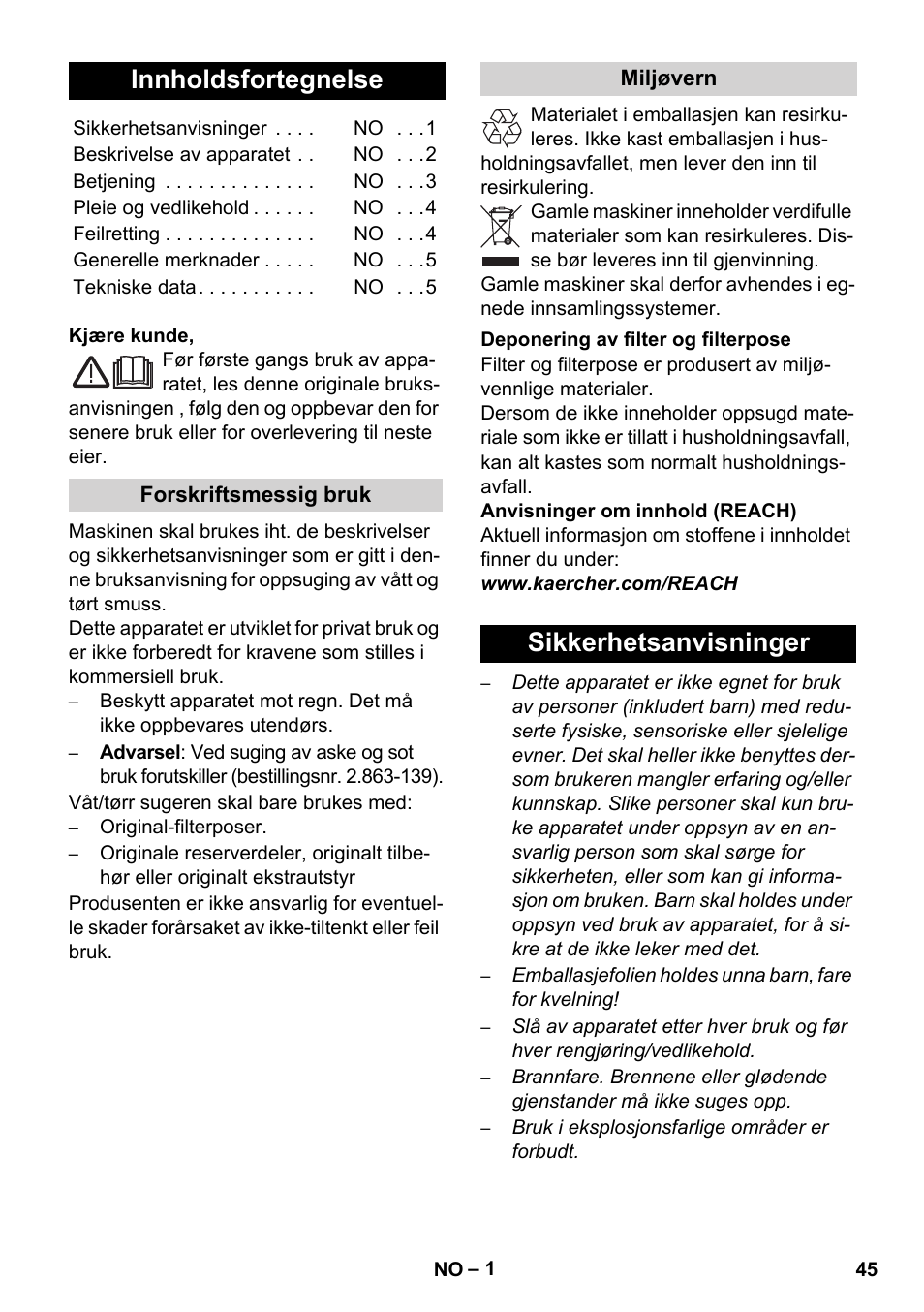 Norsk, Innholdsfortegnelse, Sikkerhetsanvisninger | Karcher WD 7-800 eco!ogic User Manual | Page 45 / 154