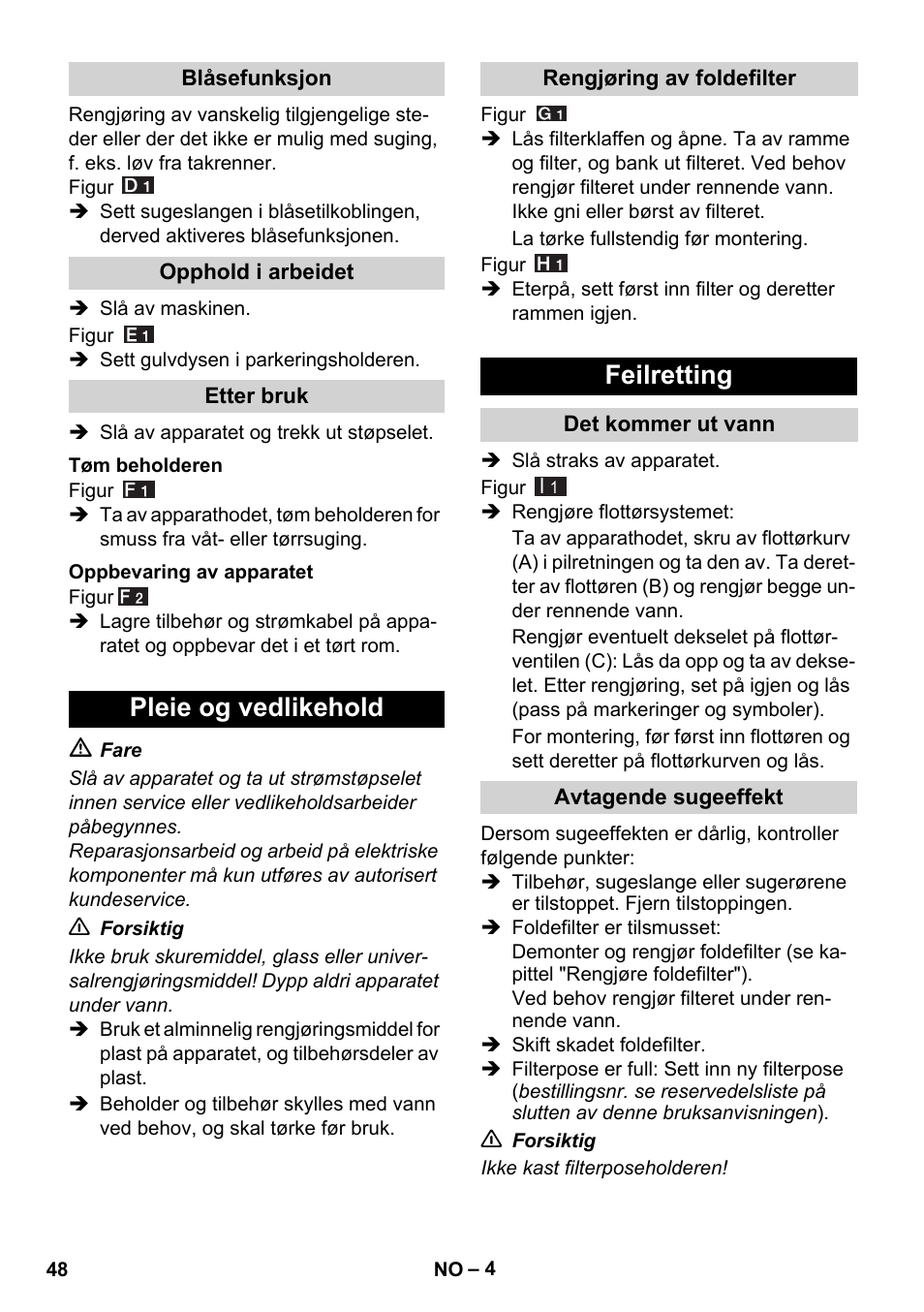 Pleie og vedlikehold, Feilretting | Karcher WD 7-800 eco!ogic User Manual | Page 48 / 154