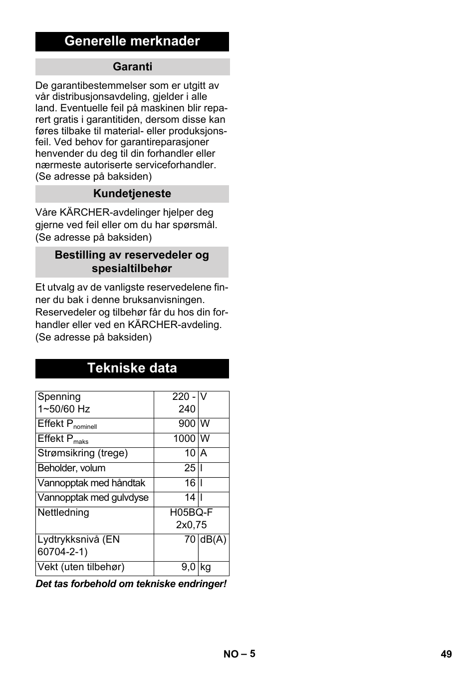 Generelle merknader, Tekniske data | Karcher WD 7-800 eco!ogic User Manual | Page 49 / 154