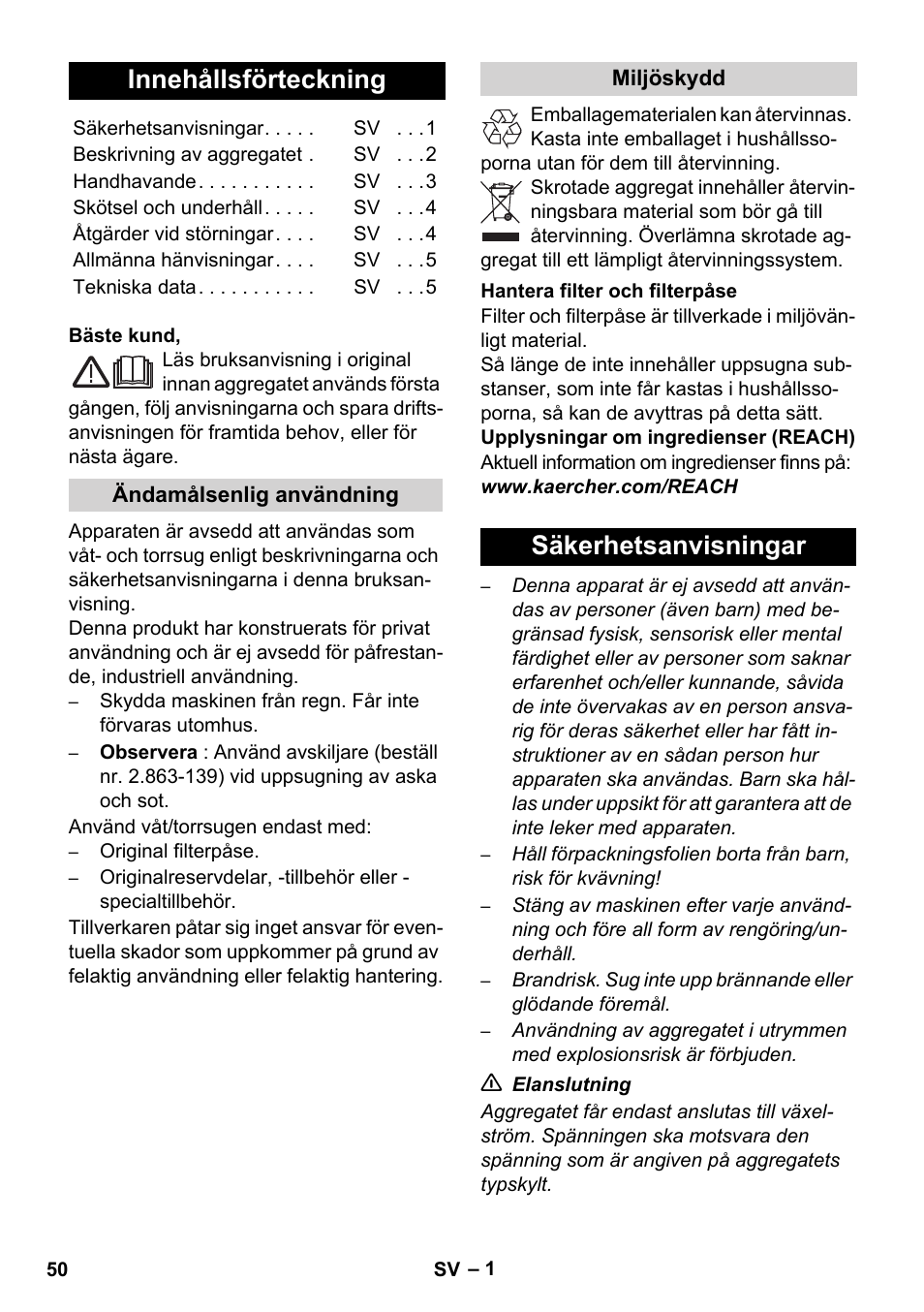 Svenska, Innehållsförteckning, Säkerhetsanvisningar | Karcher WD 7-800 eco!ogic User Manual | Page 50 / 154