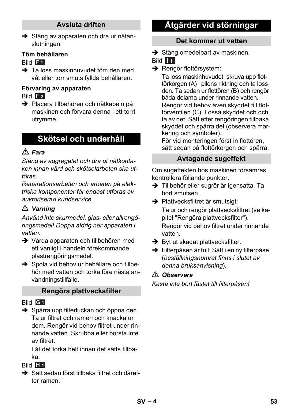 Skötsel och underhåll, Åtgärder vid störningar | Karcher WD 7-800 eco!ogic User Manual | Page 53 / 154