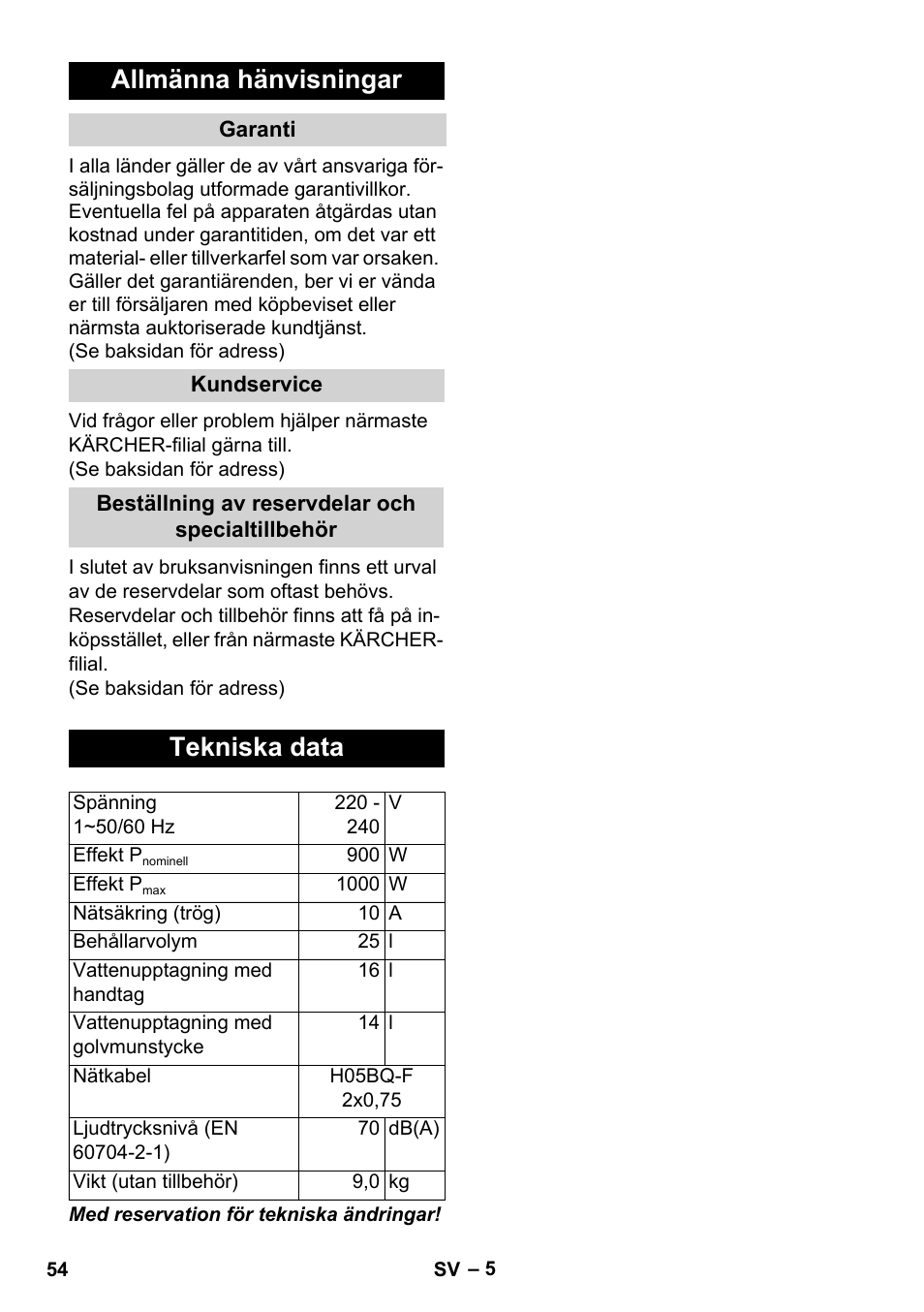 Allmänna hänvisningar, Tekniska data | Karcher WD 7-800 eco!ogic User Manual | Page 54 / 154