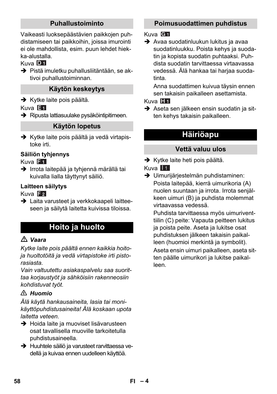 Hoito ja huolto, Häiriöapu | Karcher WD 7-800 eco!ogic User Manual | Page 58 / 154