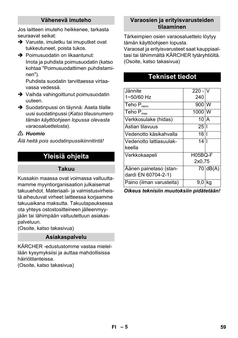 Yleisiä ohjeita, Tekniset tiedot | Karcher WD 7-800 eco!ogic User Manual | Page 59 / 154