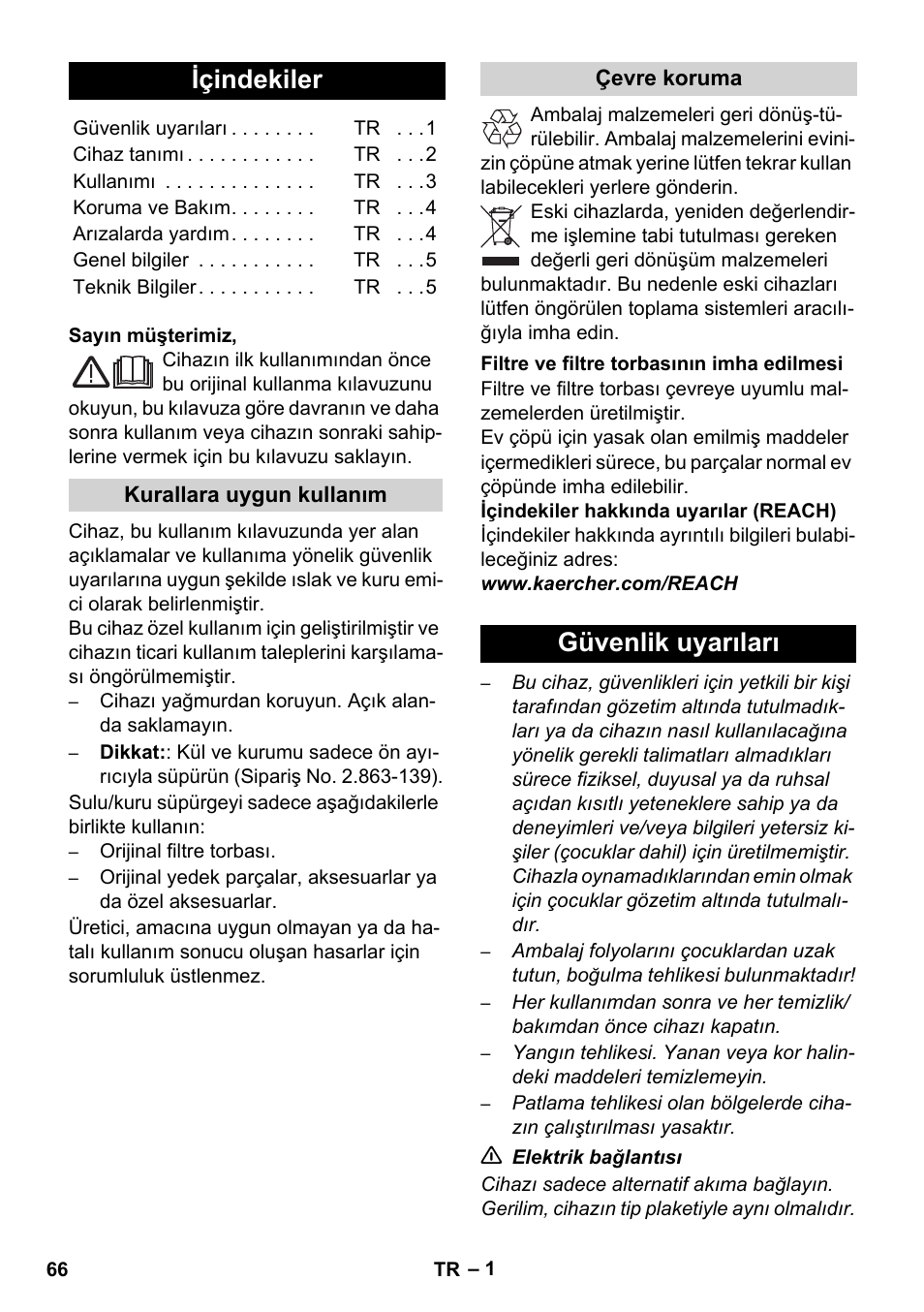 Türkçe, Içindekiler, Güvenlik uyarıları | Karcher WD 7-800 eco!ogic User Manual | Page 66 / 154