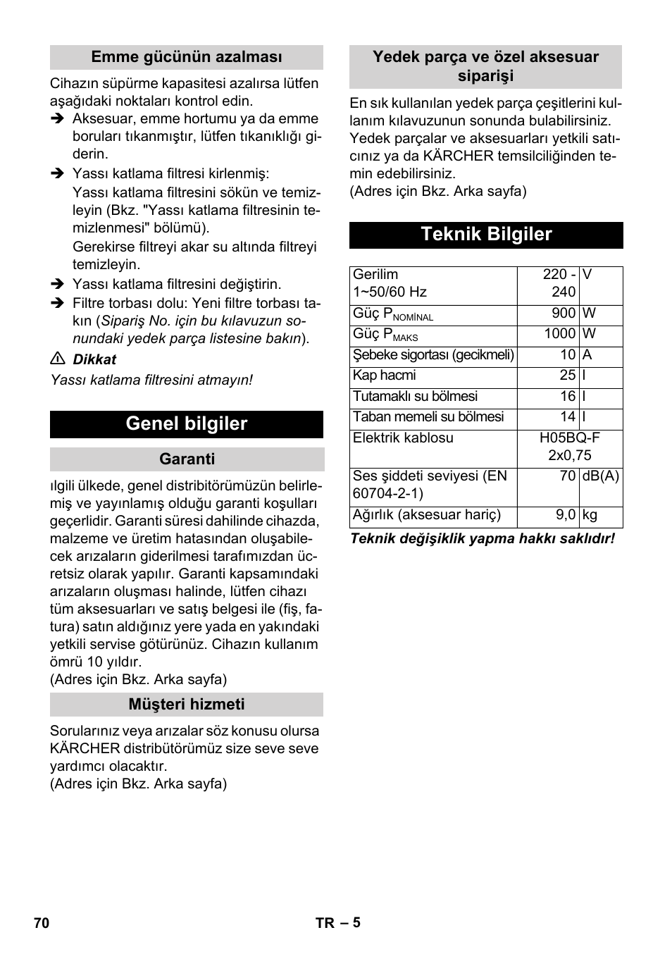Genel bilgiler, Teknik bilgiler | Karcher WD 7-800 eco!ogic User Manual | Page 70 / 154