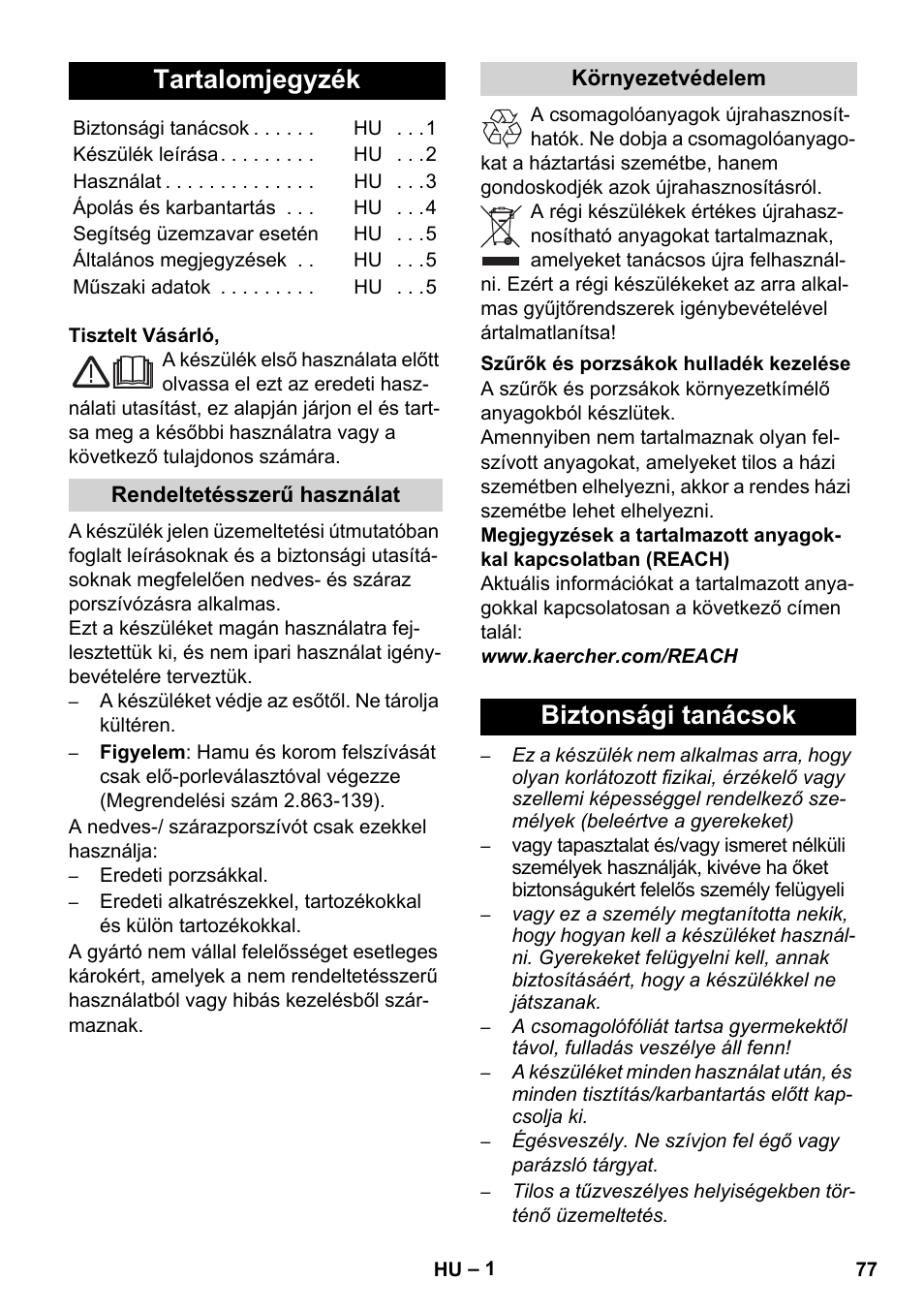 Magyar, Tartalomjegyzék, Biztonsági tanácsok | Karcher WD 7-800 eco!ogic User Manual | Page 77 / 154