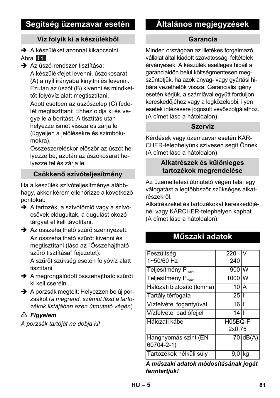Segítség üzemzavar esetén, Általános megjegyzések, Műszaki adatok | Karcher WD 7-800 eco!ogic User Manual | Page 81 / 154