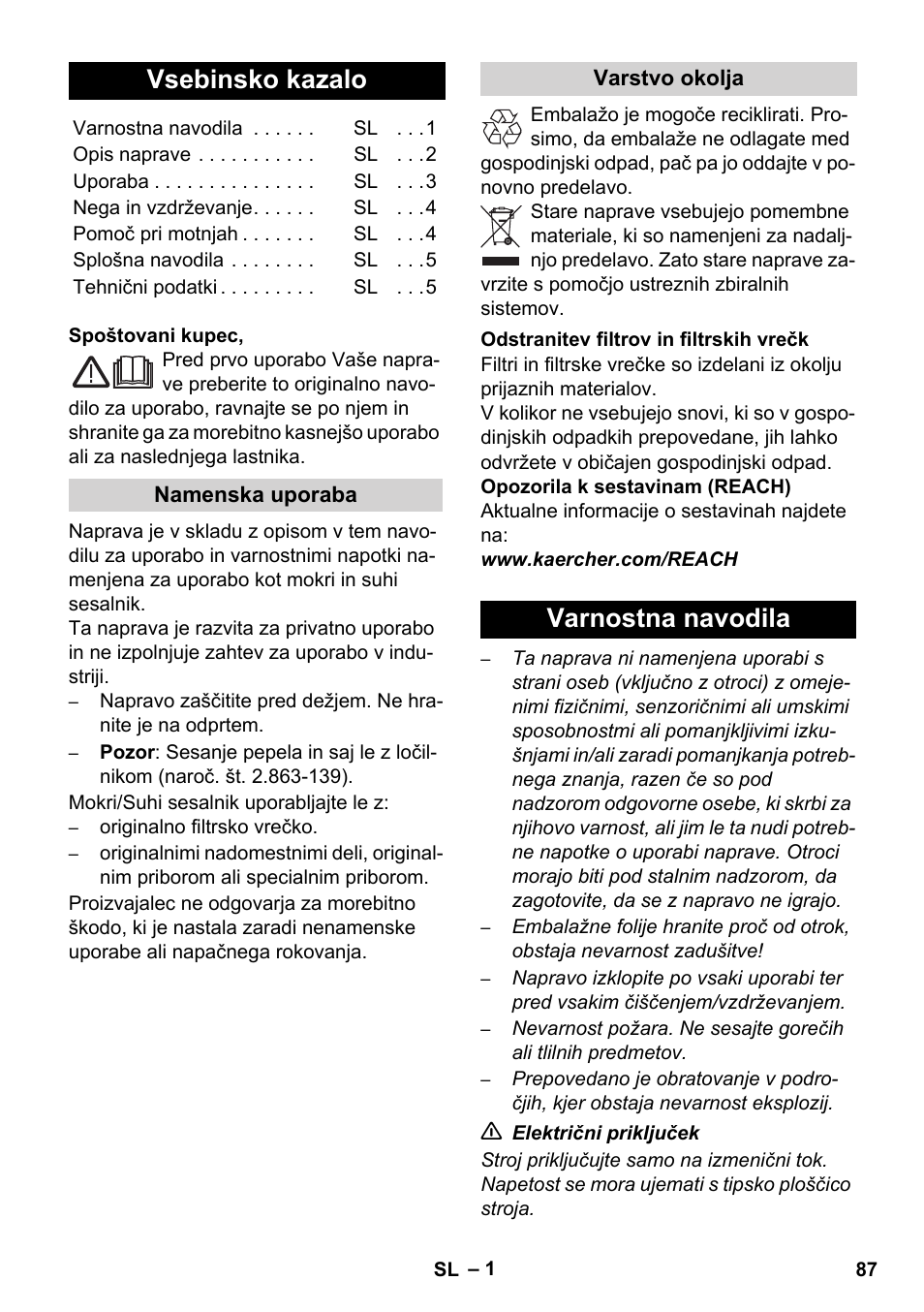 Slovenščina, Vsebinsko kazalo, Varnostna navodila | Karcher WD 7-800 eco!ogic User Manual | Page 87 / 154